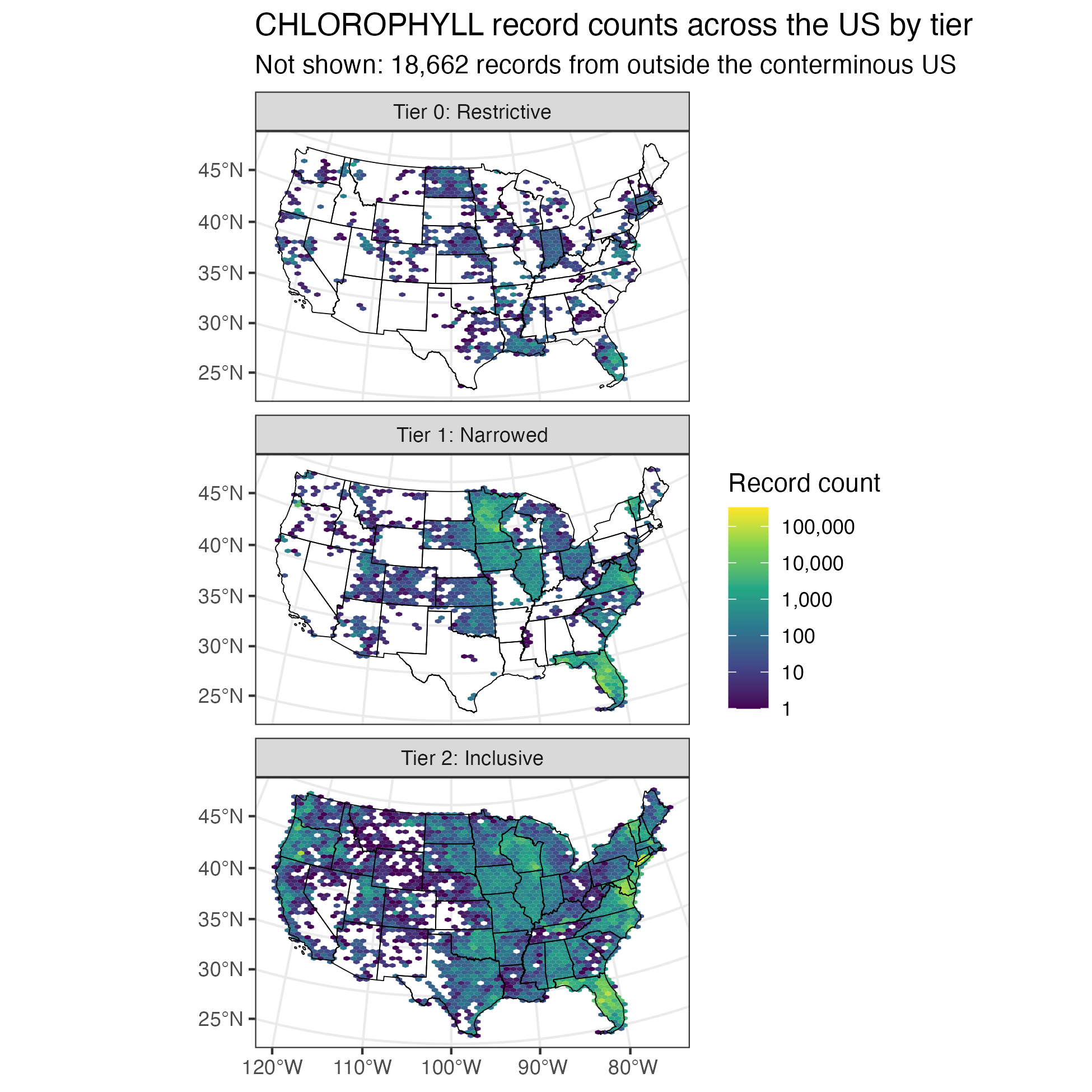 Geographic distribution of chl *a* records by tier in the conterminous US