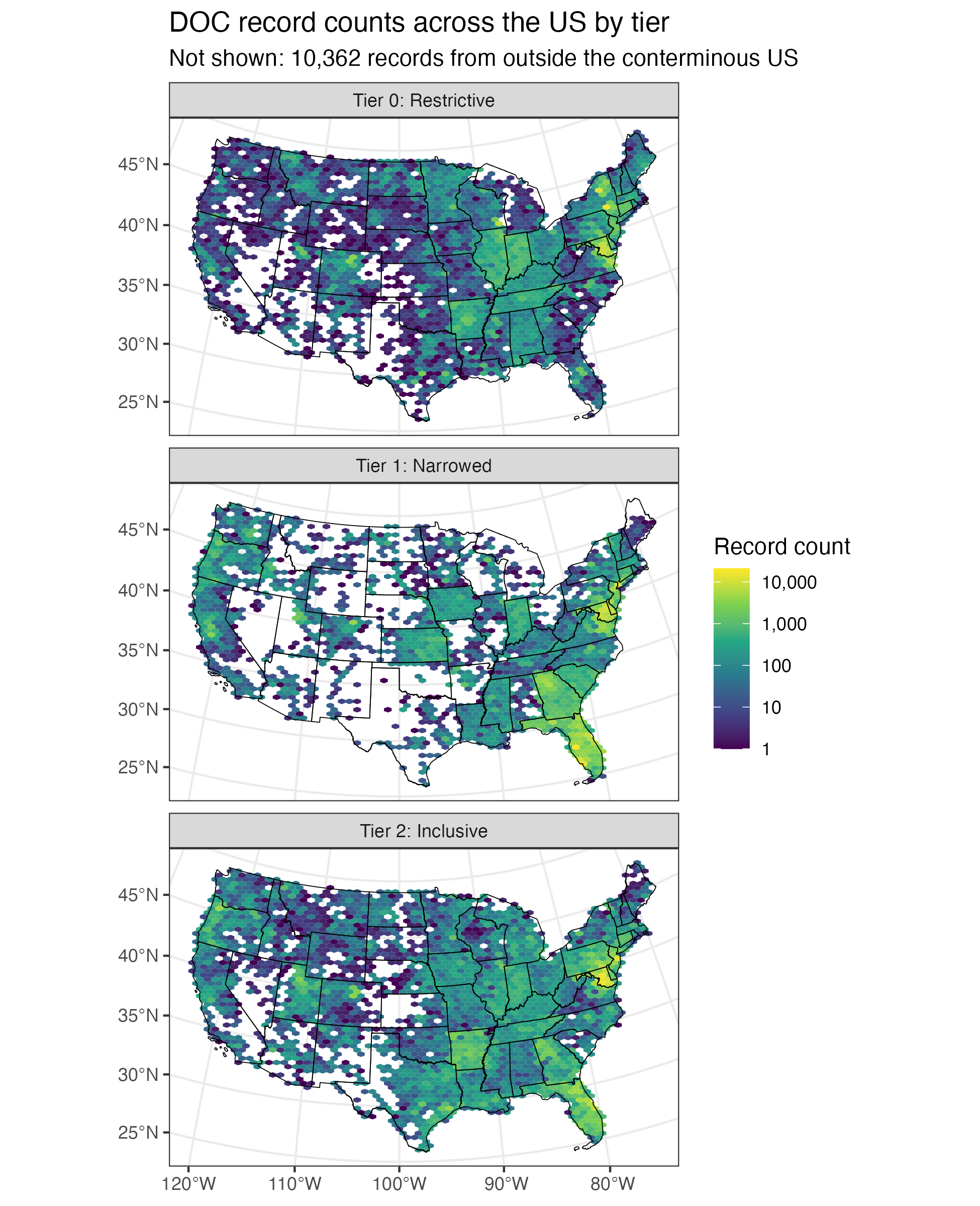 Geographic distribution of DOC records by tier in the conterminous US