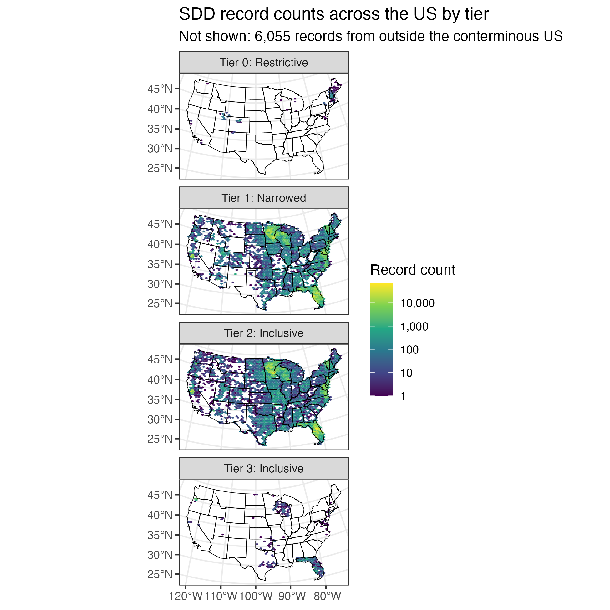Geographic distribution of SDD *a* records by tier in the conterminous US