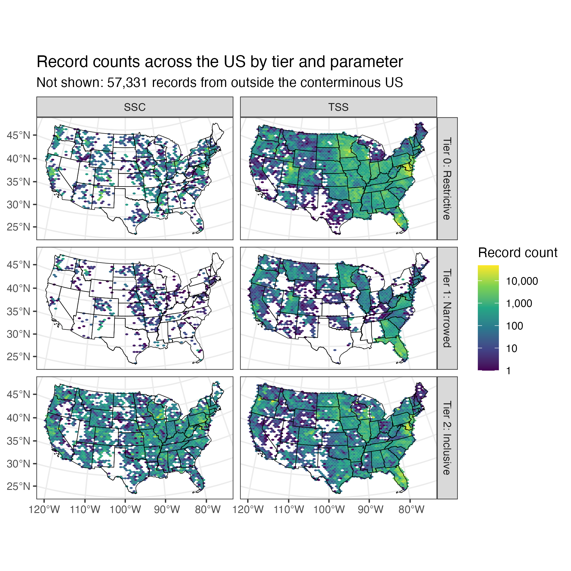 Geographic distribution of SSC/TSS records by tier in the conterminous US